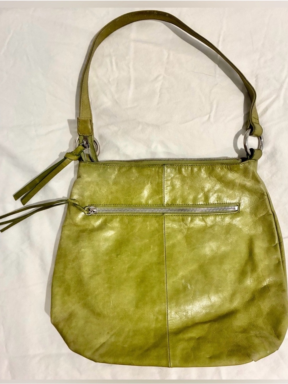 HOBO The Original Lime Green Genuine Leather Shoulder Bag Purse Tassel Zip
